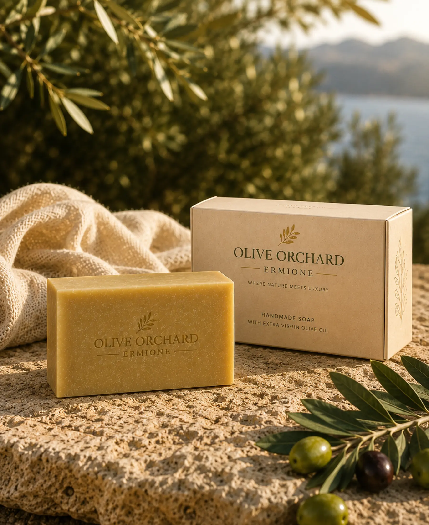 Handcrafted Classic Olive Orchard Ermione olive oil soap with luxury packaging